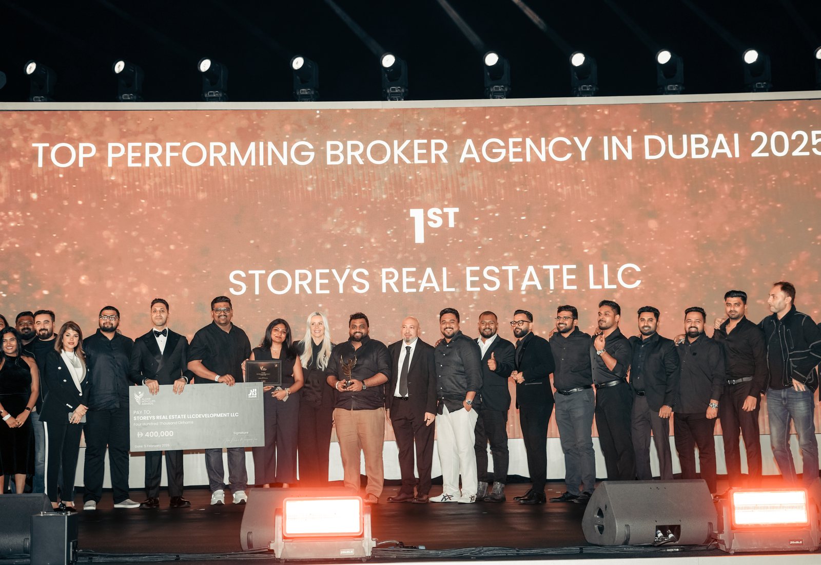 Storeys team on stage at the Aldar Honours Awards, 1st Place Top Performing Broker Agency in Dubai 2025